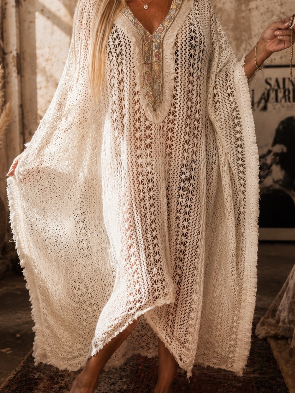 Private Label Crochet Maxi Kaftan in Cream with Embroidered V-Neck